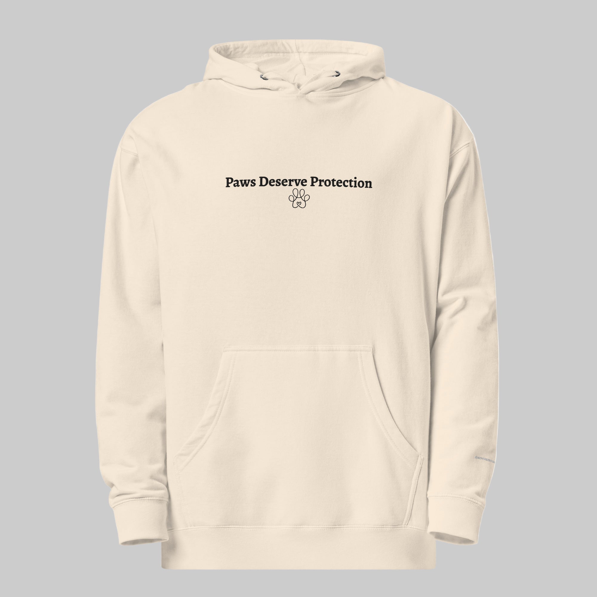 Beige hoodie with 'Paws Deserve Protection' text on a white background