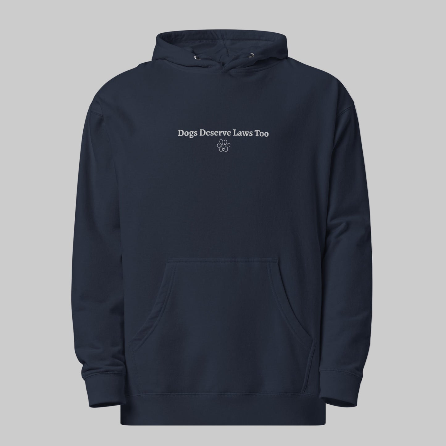 Navy blue hoodie with 'Dogs Deserve Laws Too' text on a gray background