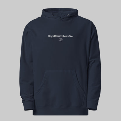 Navy blue hoodie with 'Dogs Deserve Laws Too' text on a gray background