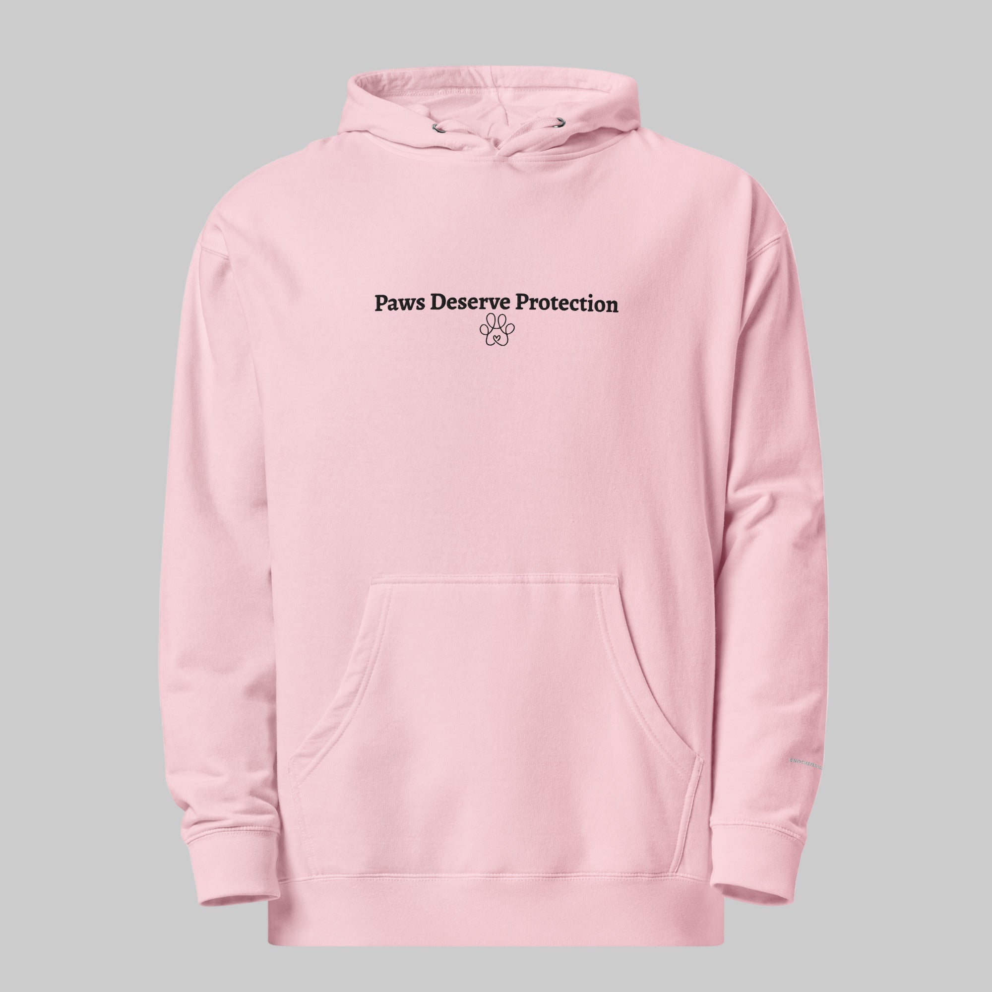 Pink hoodie with 'Paws Deserve Protection' text on a gray background
