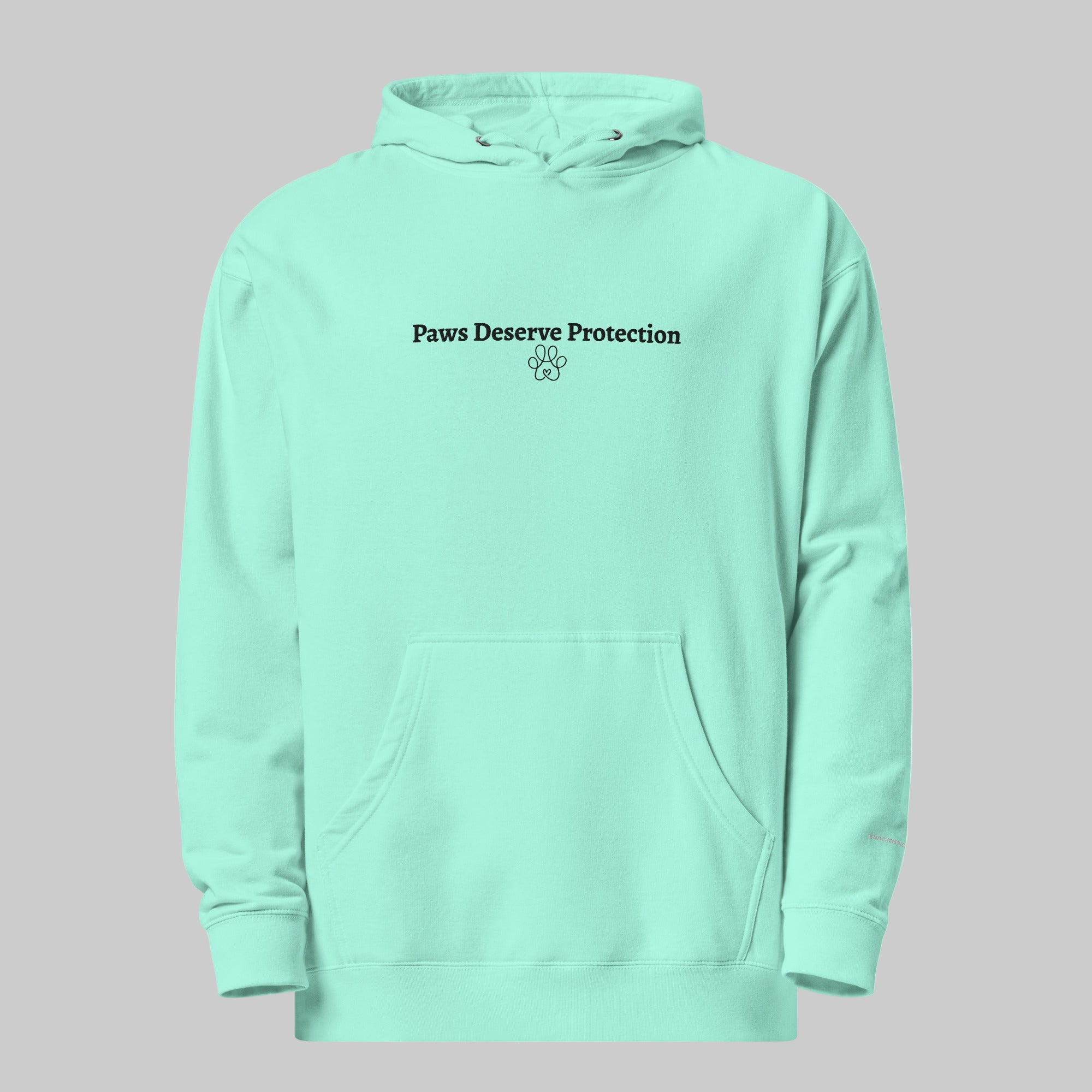 Mint green hoodie with text 'Paws Deserve Protection' on a white background