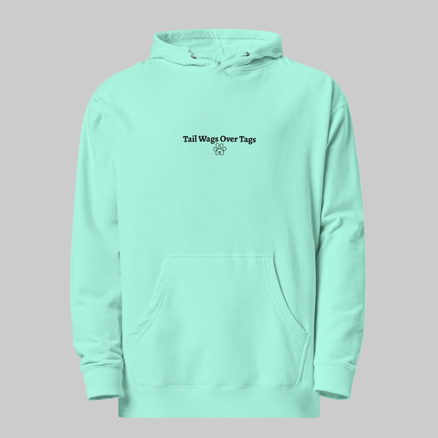 Mint green hoodie with text and paw print on a white background