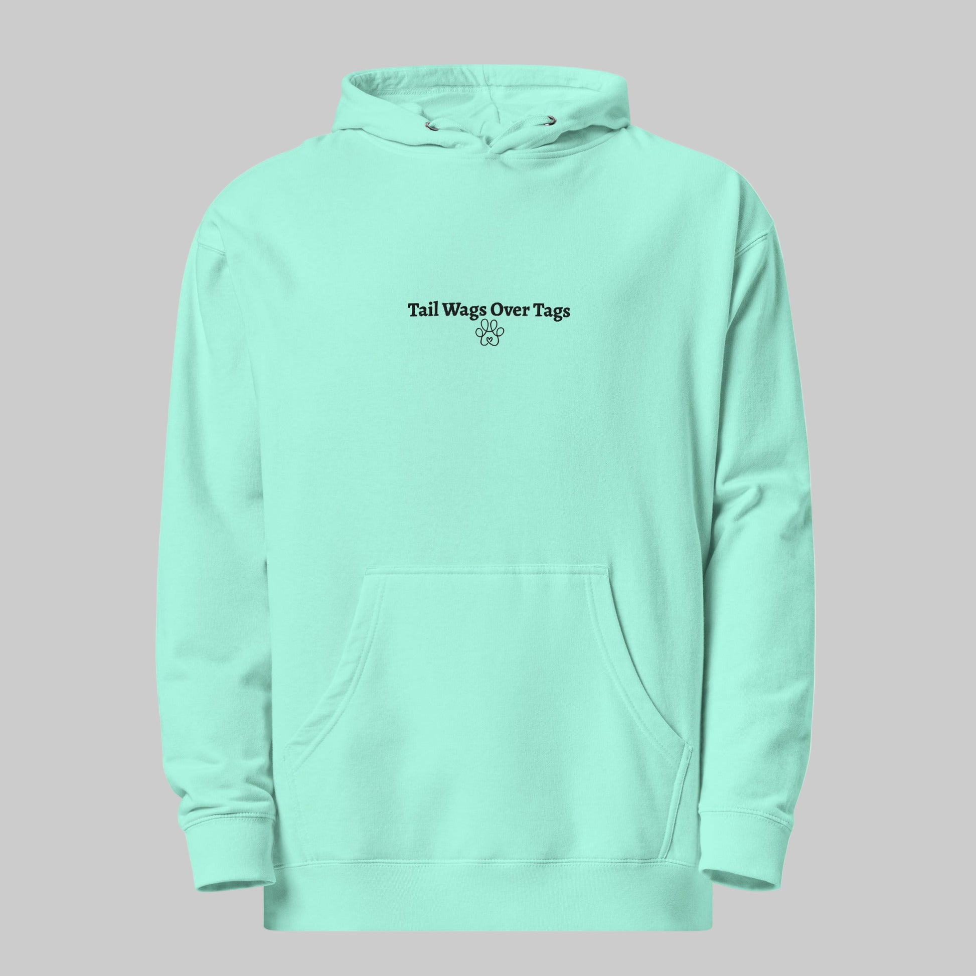 Mint green hoodie with text and paw print on a white background