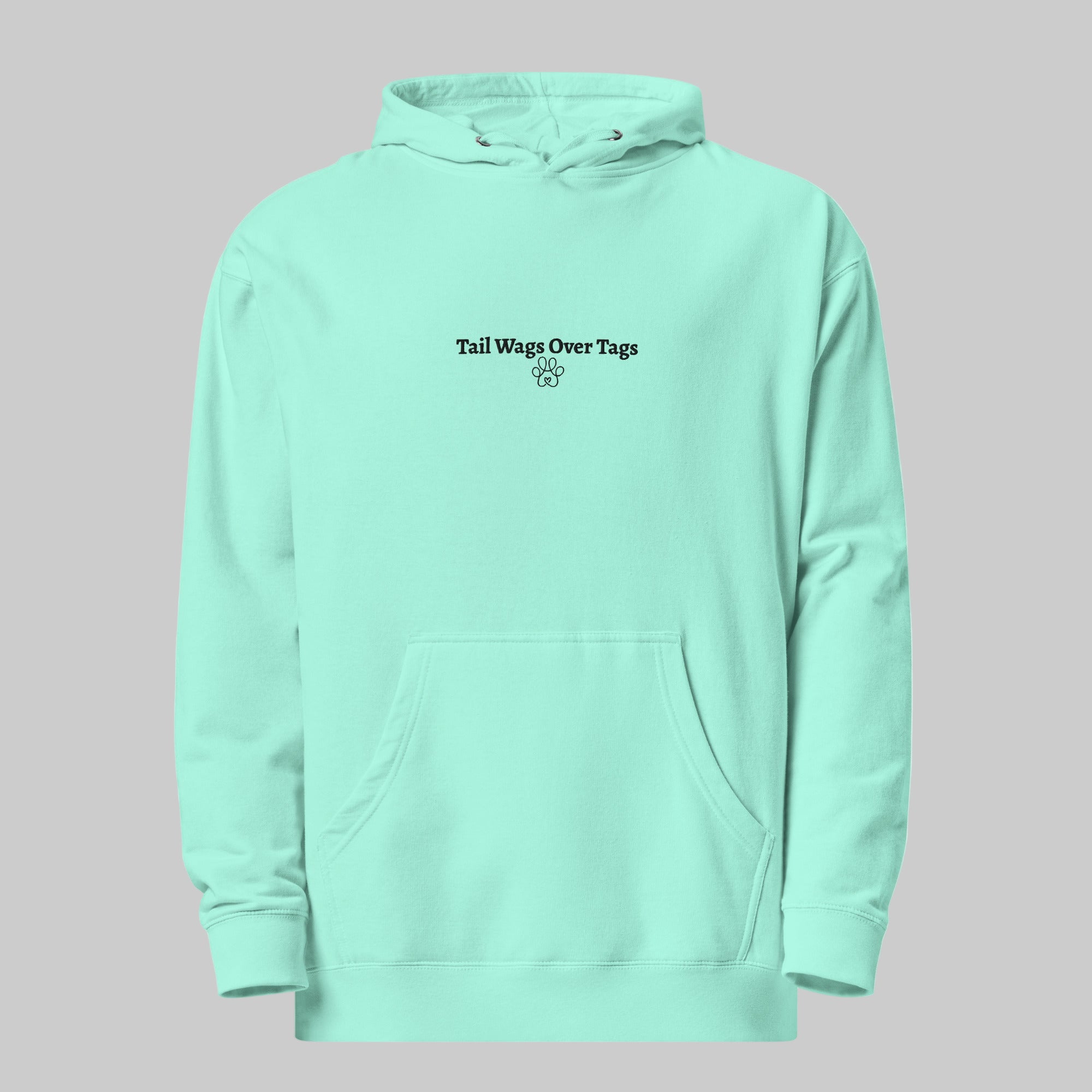 Mint green hoodie with text and paw print on a white background