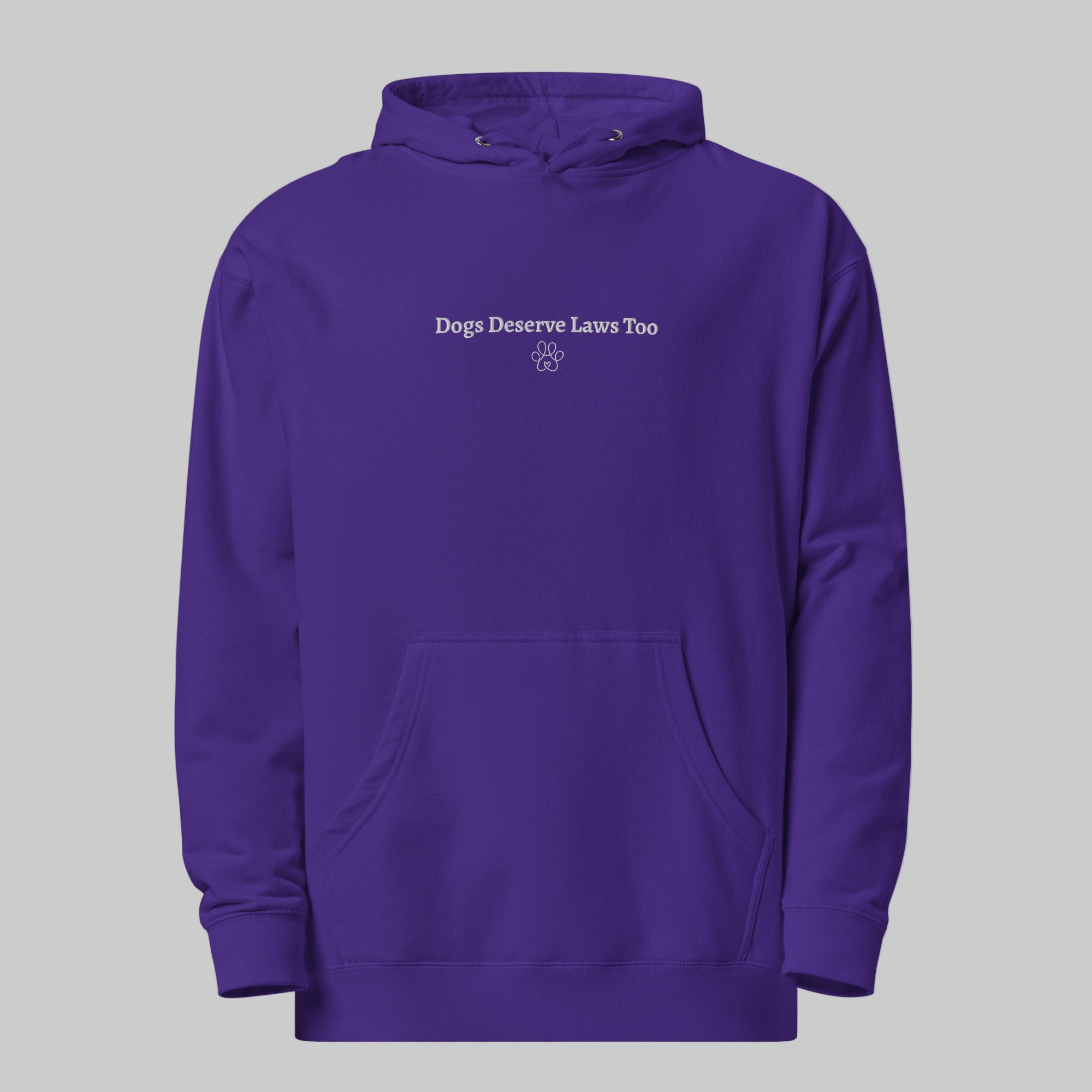 Purple hoodie with 'Dogs Deserve Laws Too' text on a white background