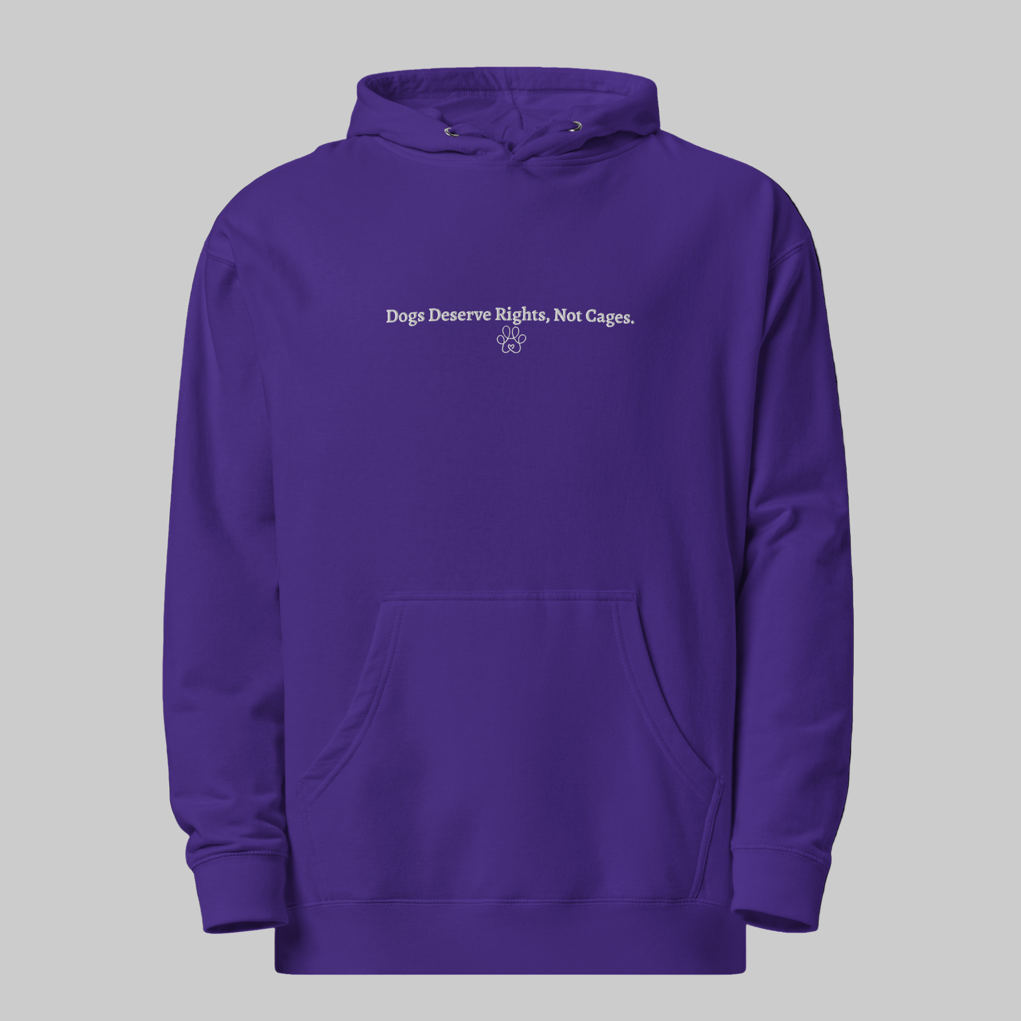 Purple hoodie with text 'Dogs Deserve Rights, Not Cages' on a white background