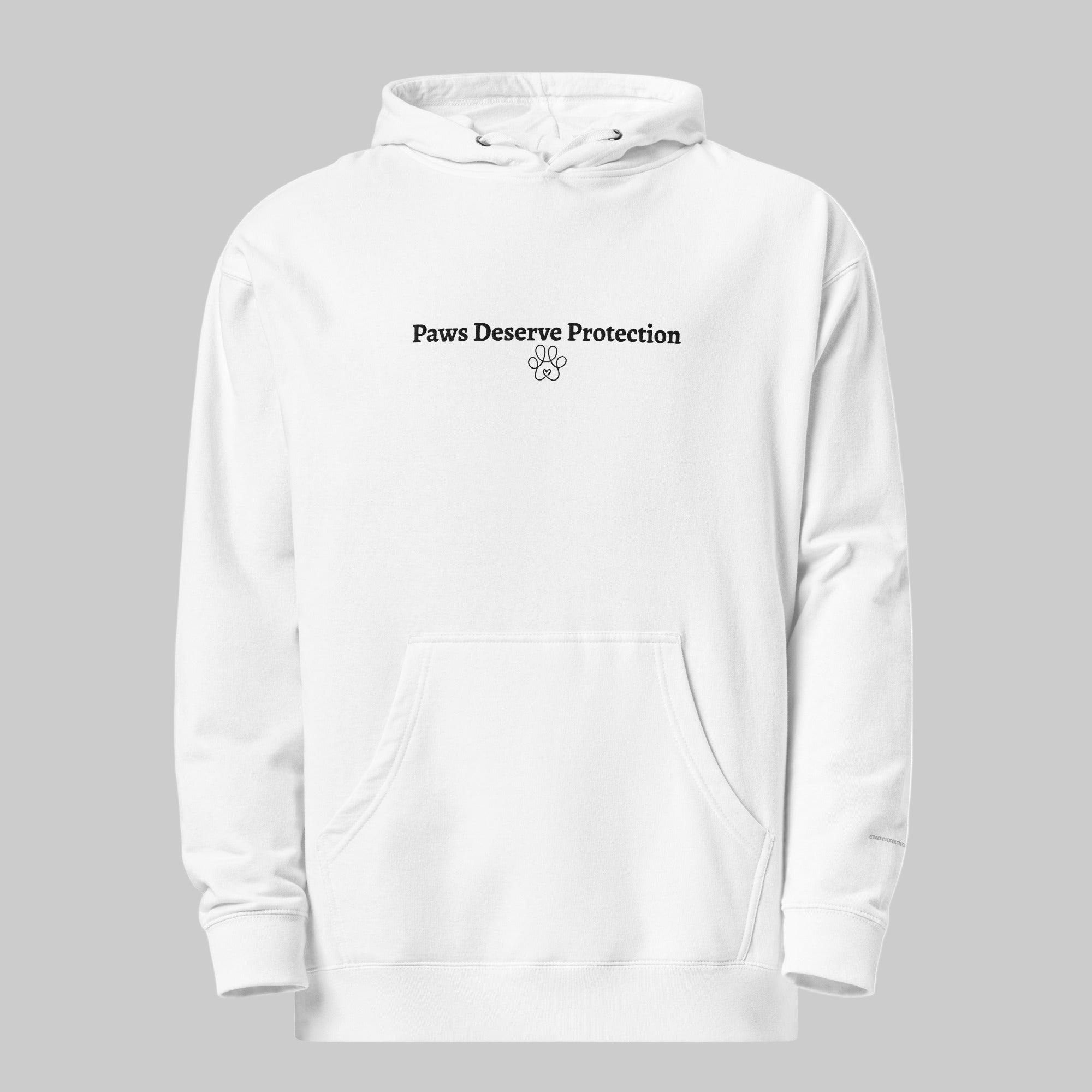 White hoodie with 'Paws Deserve Protection' text on a white background