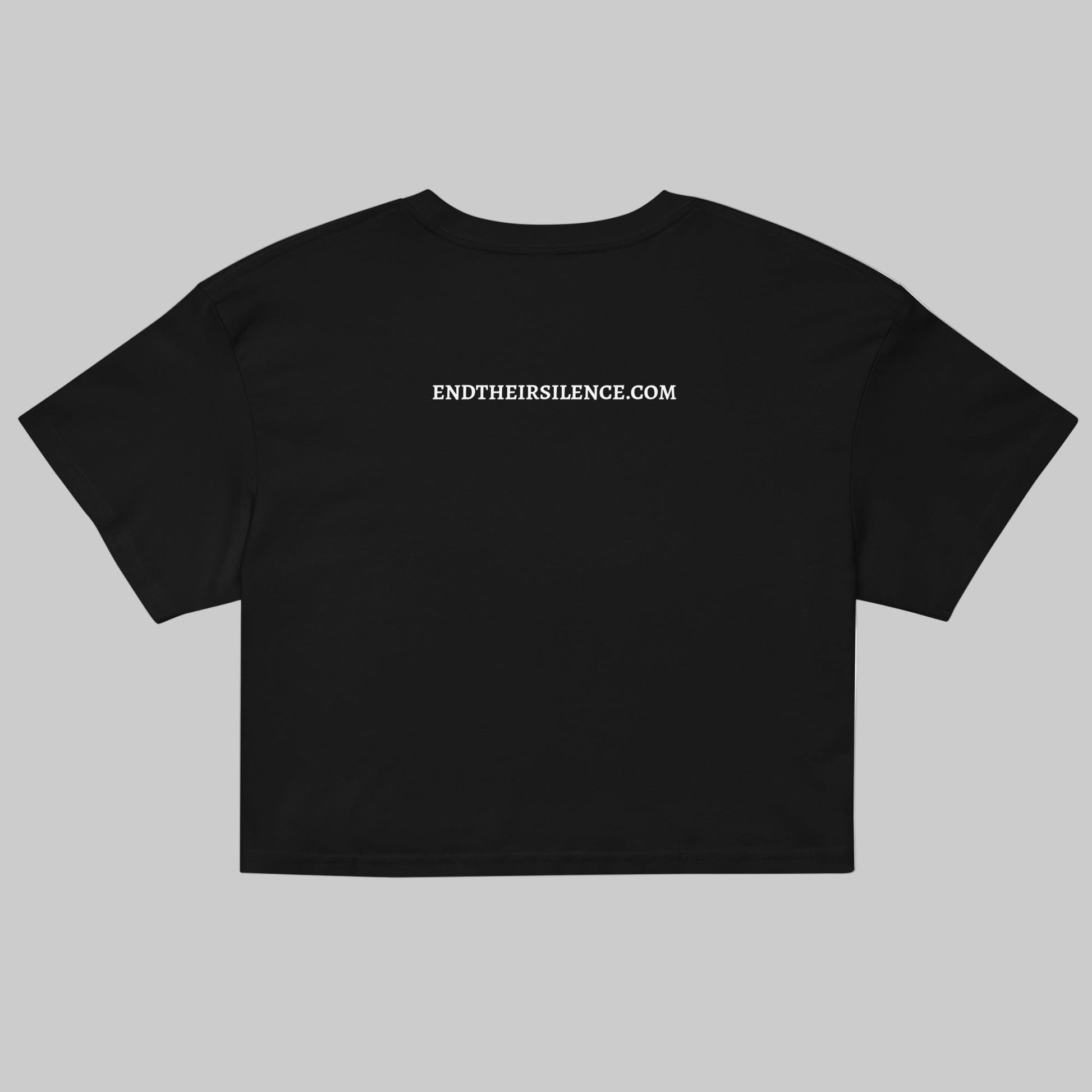 Black t-shirt with 'ENDTHEIRSILENCE.COM' text on a gray background