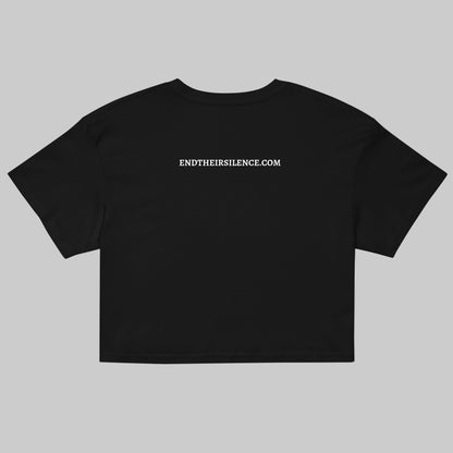 Black t-shirt with 'ENDTHEIRSILENCE.COM' text on a gray background